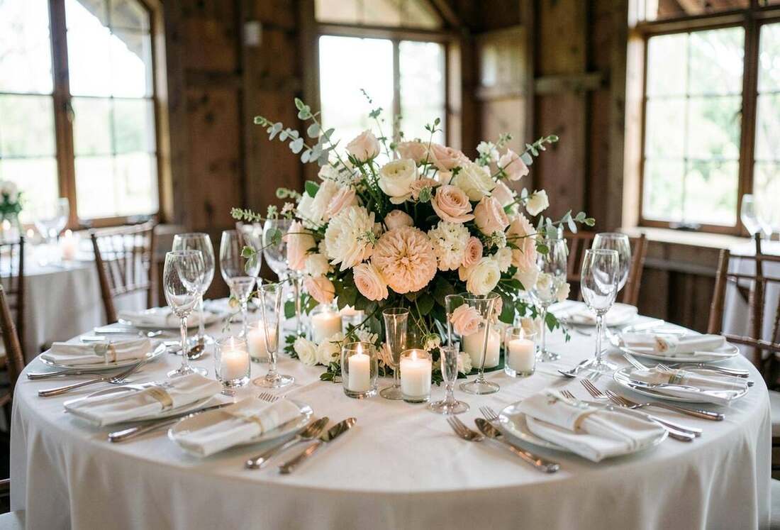 Runder Hochzeitstisch mit Blumengesteck und Kerzen